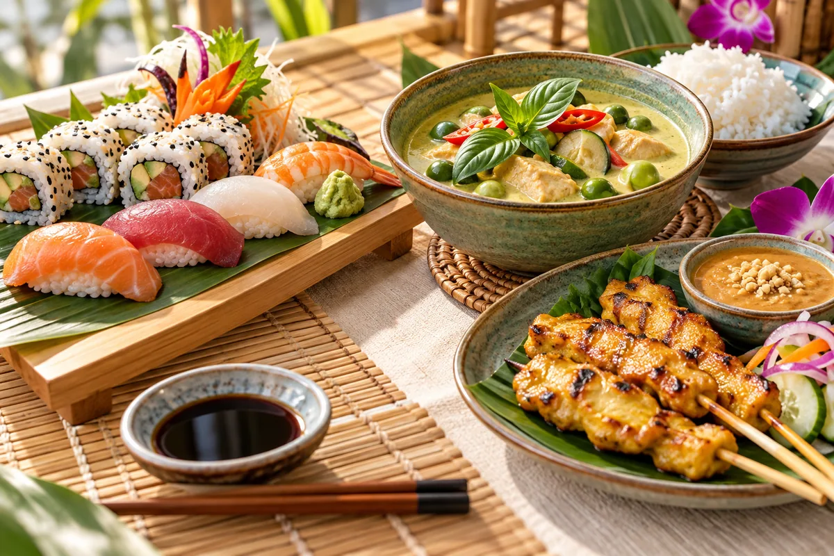 Illustration éditoriale pour Sushi et Thaï, cuisine japonaise