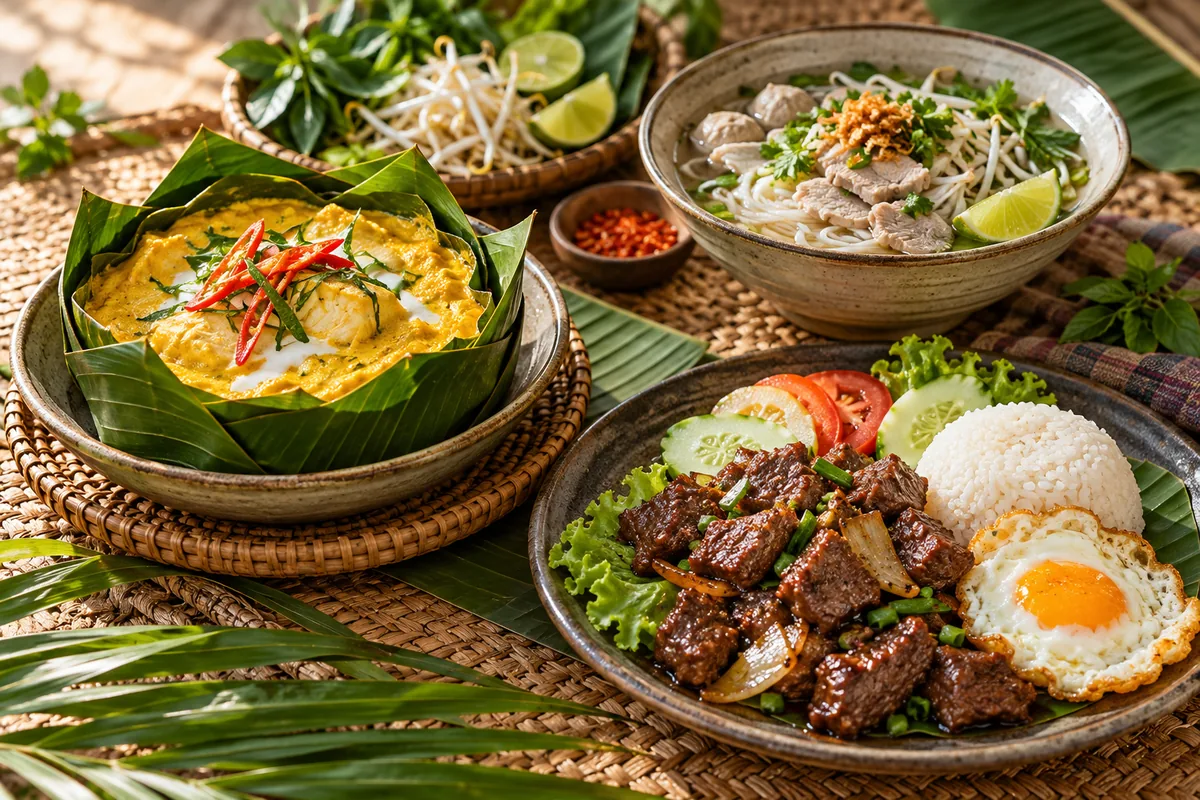 Repas cambodgien avec amok, lok lak et soupe de nouilles