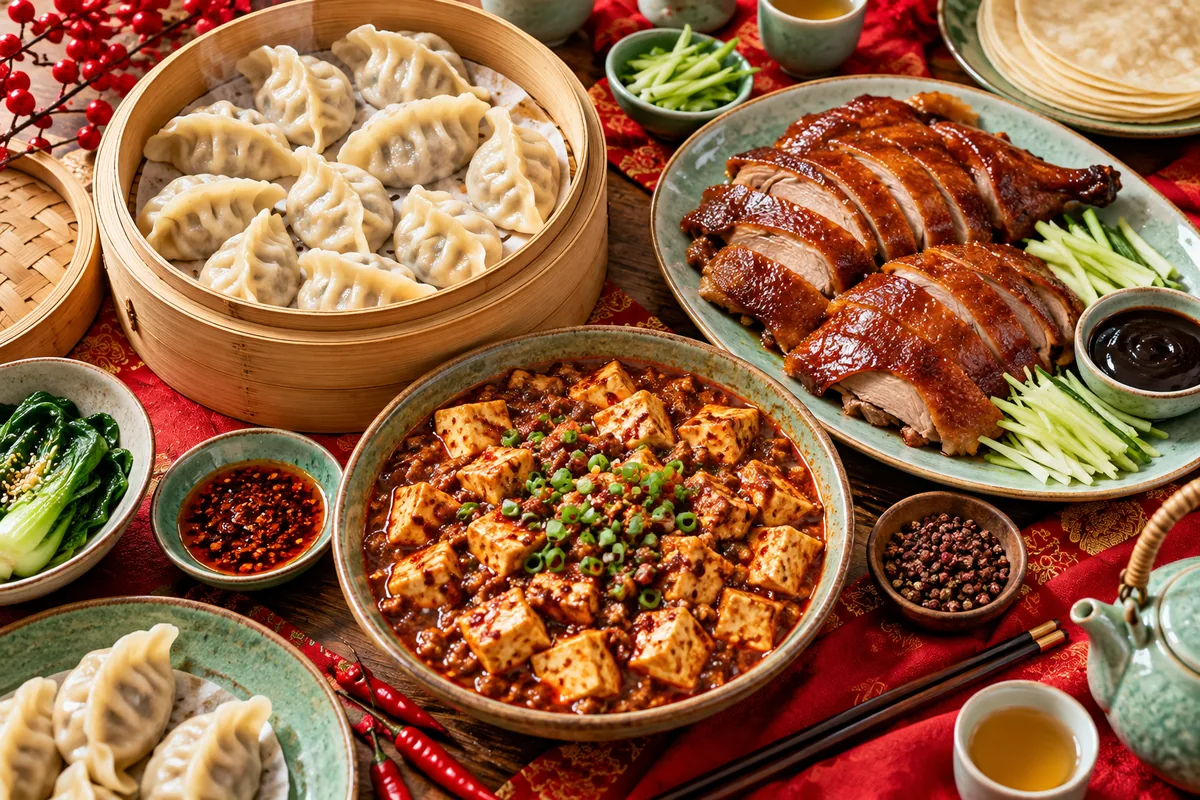 Table chinoise avec jiaozi, canard rôti et mapo tofu