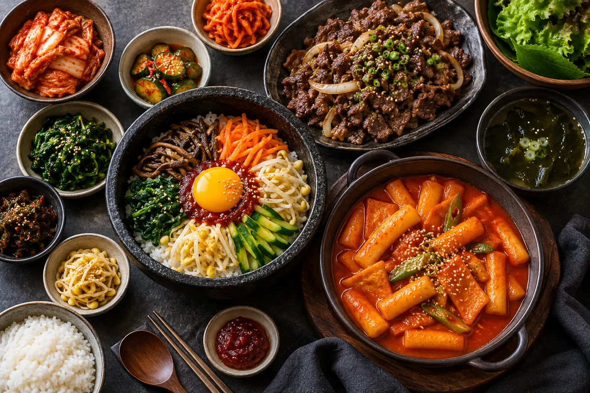 Repas coréen avec bibimbap, bulgogi et petits accompagnements