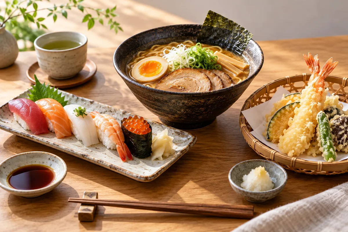 Table japonaise réunissant sushi, ramen et tempura
