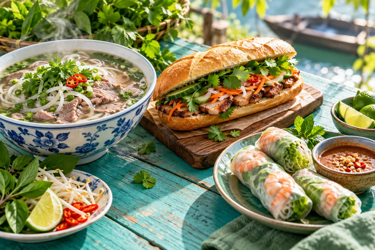Table vietnamienne avec phở, bánh mì et rouleaux frais
