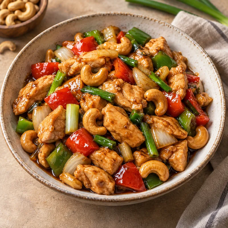 Illustration d’un plat thaï au poulet et aux noix de cajou