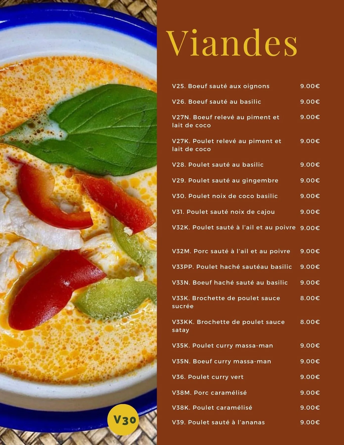 Carte à emporter : Plats de poulet et de porc